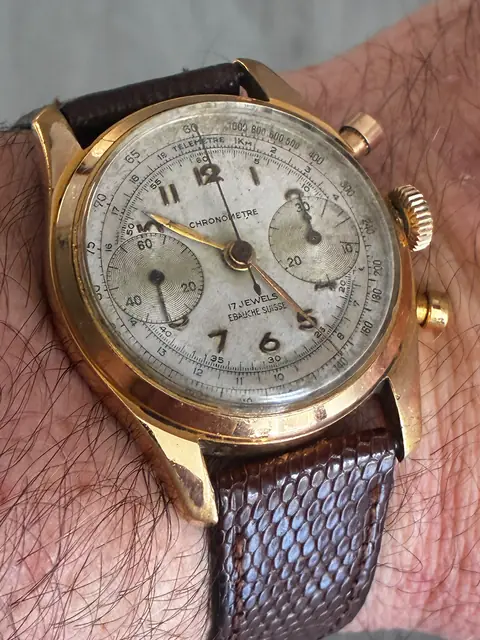 Cronógrafo vintage de cuerda Chronometre con caja chapada en oro · foto 4